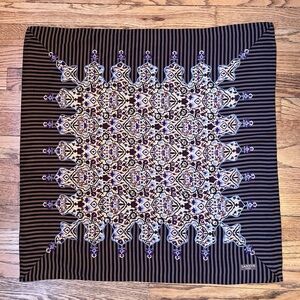 Lanvin Paris VTG Scarf Brown Striped Border Floral LightWeight 24.5” X 24.5